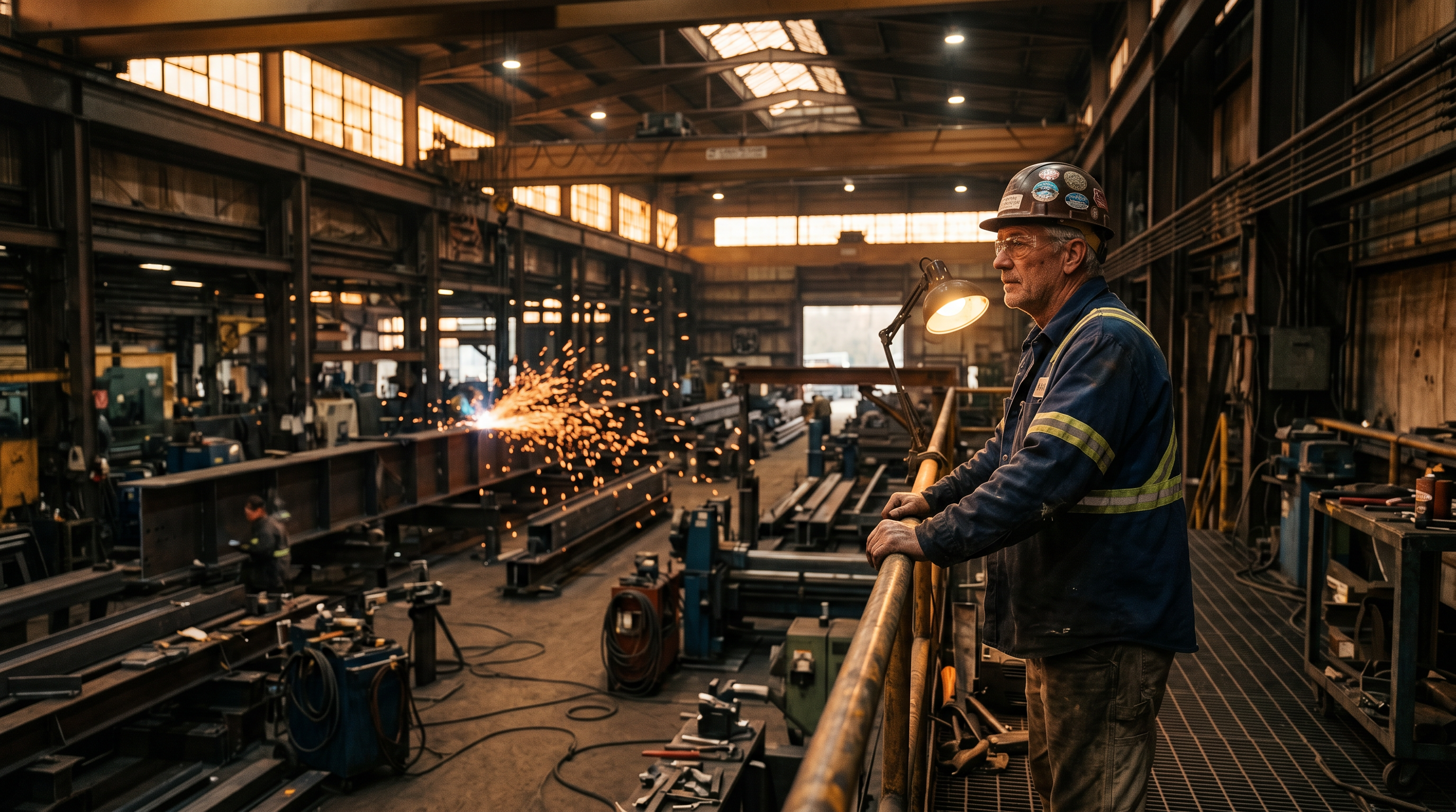 Veteran worker in an Iron Bound Safety jacket overlooking a steel fabrication shop