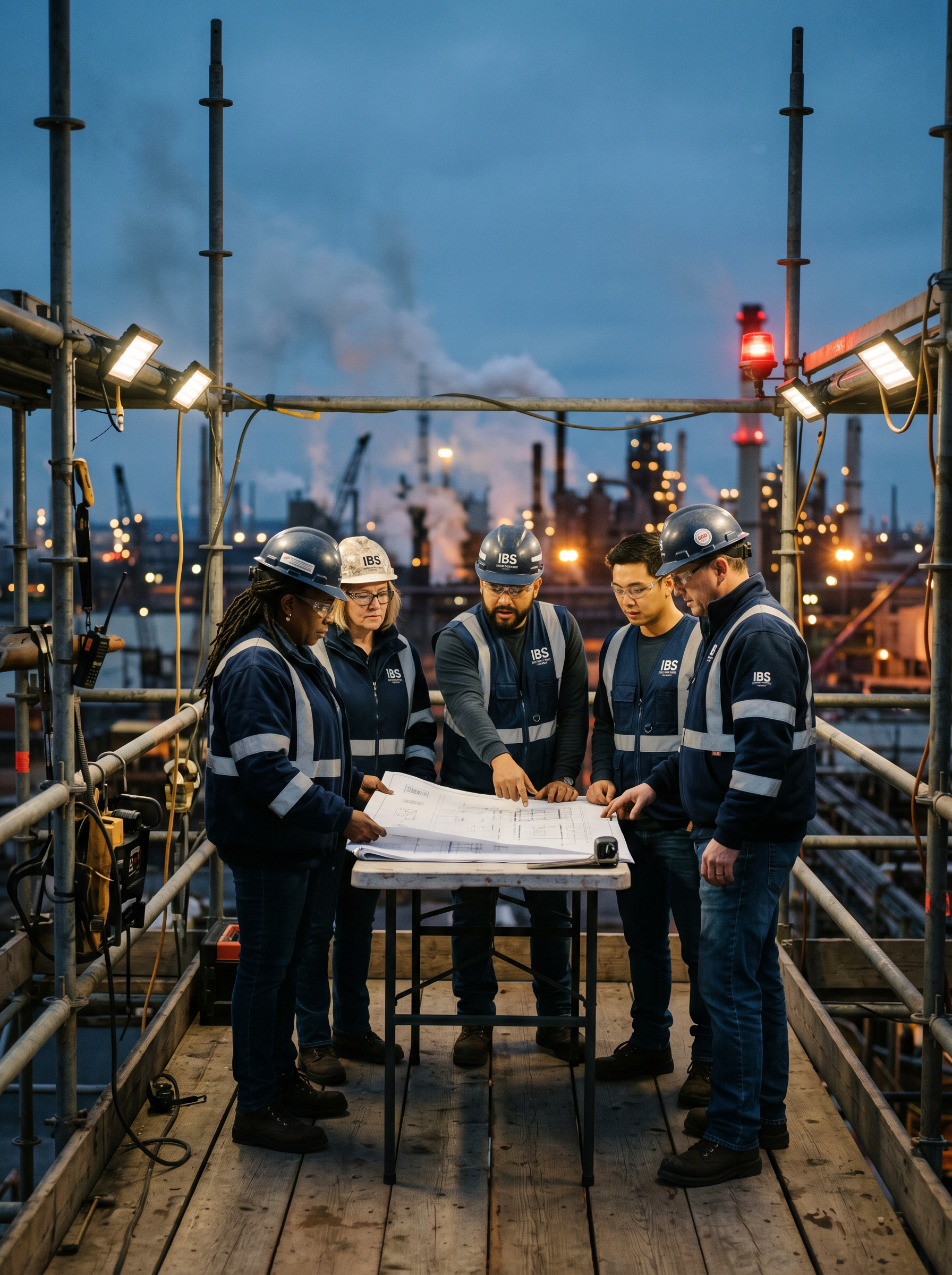 Iron Bound Safety field and design team on a scaffold at blue hour
