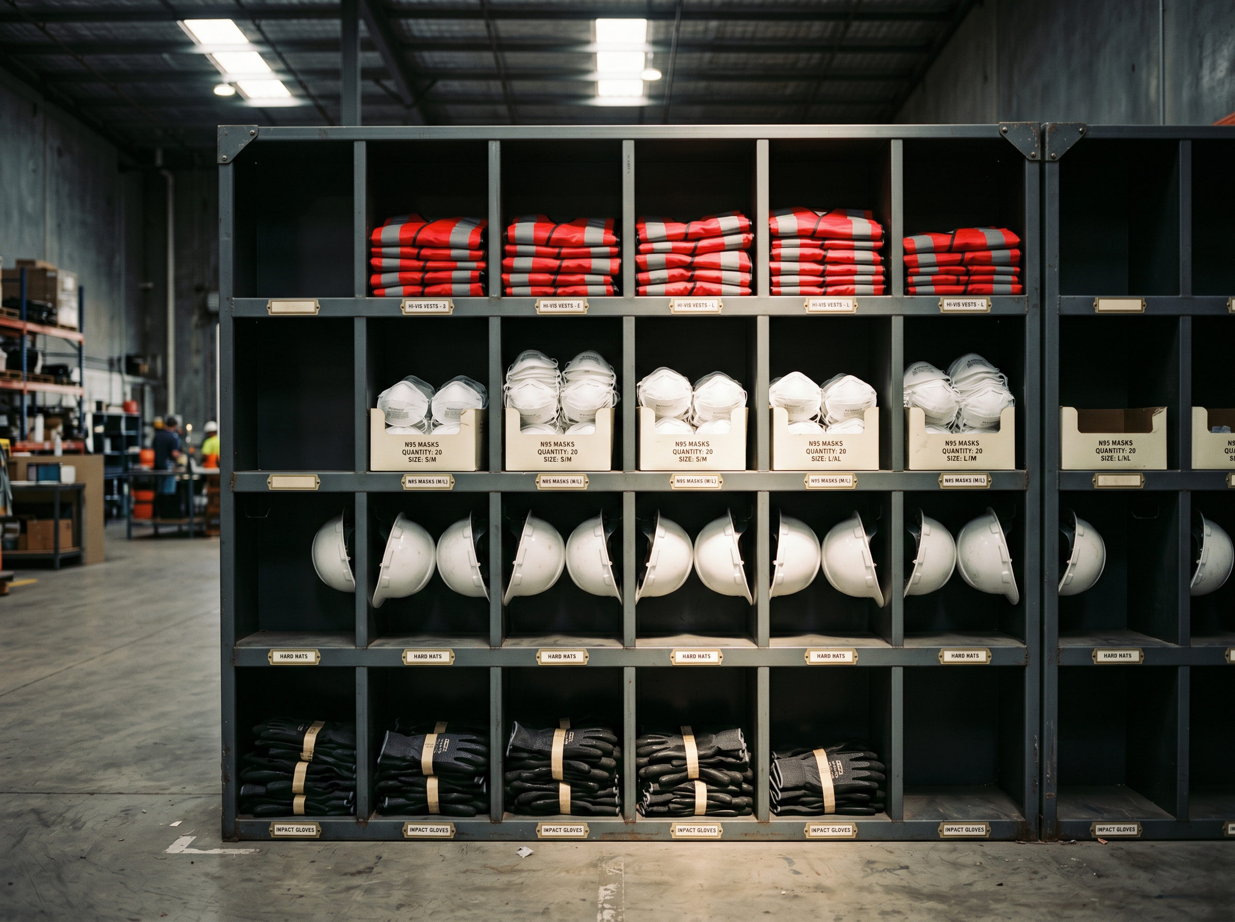 Industrial steel cubby storage rack at a jobsite, organized with folded hi-vis vests, stacks of N95 masks in dispenser boxes, white hard hats, and paired impact gloves — each labeled by category.