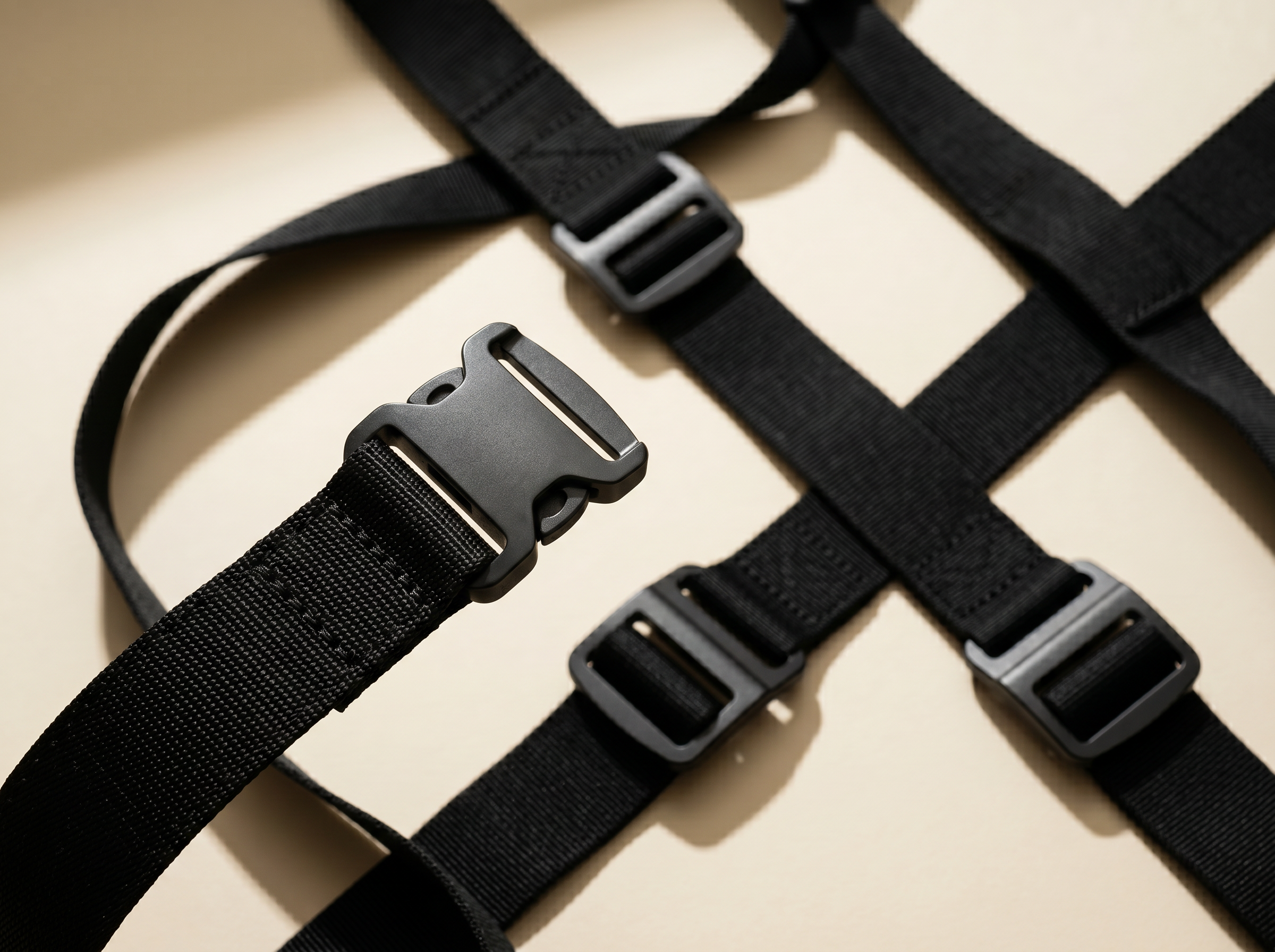 Macro detail of a Scan Sling quad-buckle harness — anodized black hardware and ballistic nylon webbing on a bone backdrop.