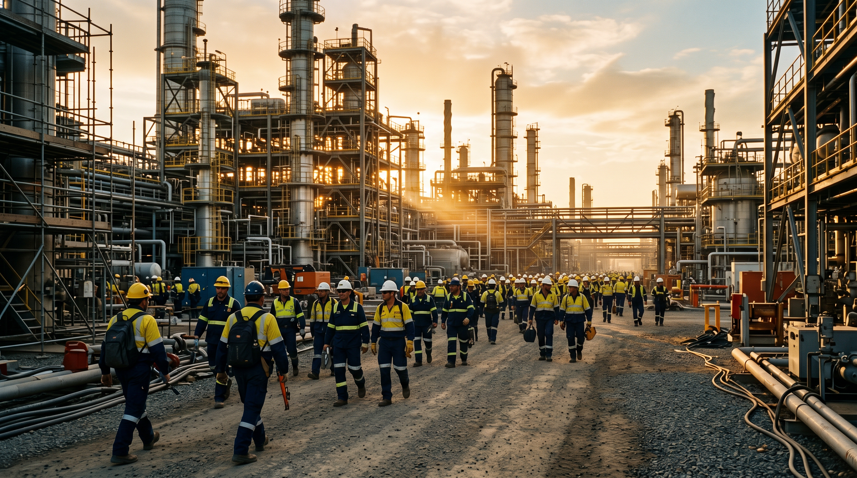Hundreds of workers in Iron Bound hi-vis gear walking through a major refinery deployment